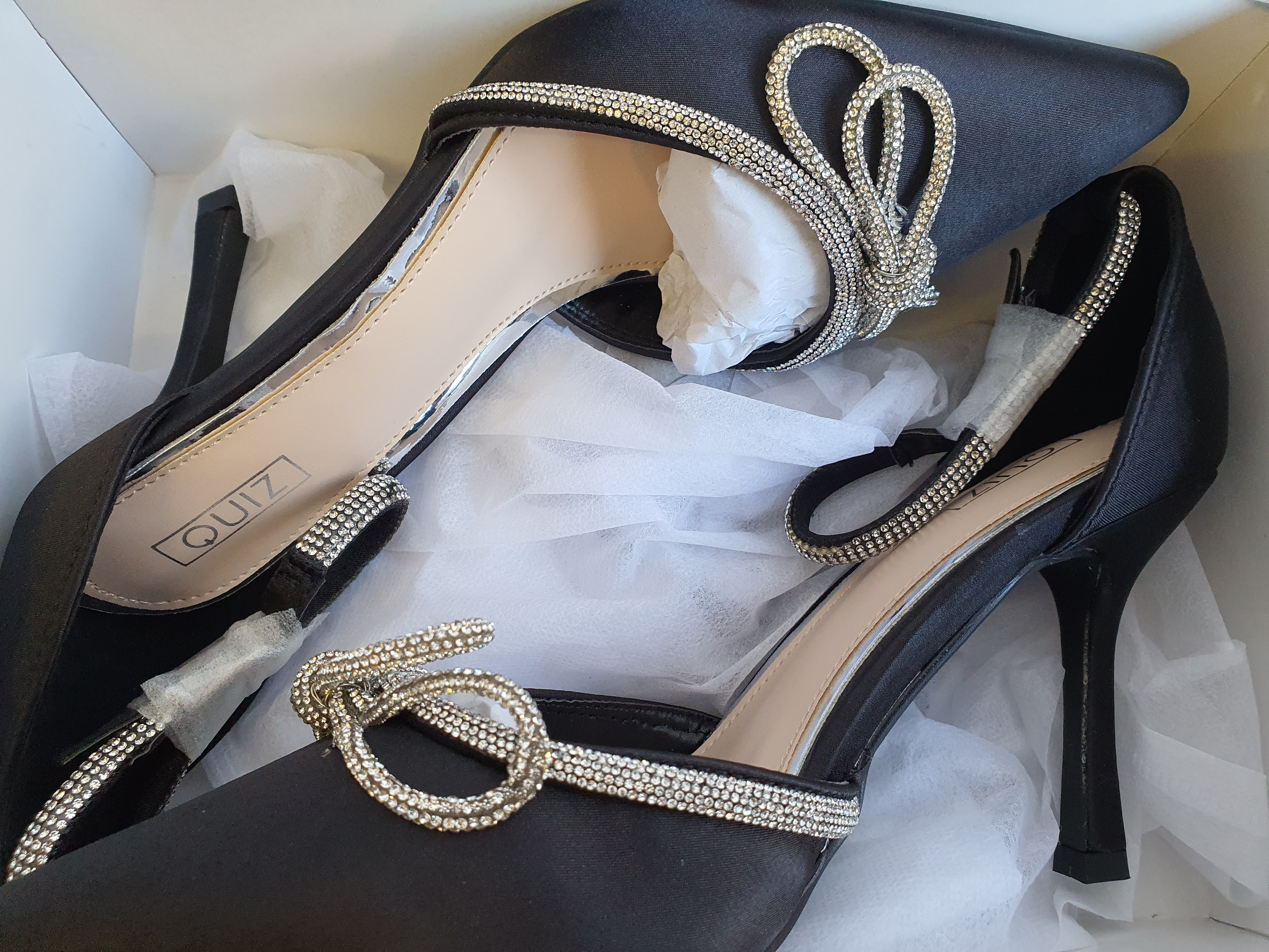 QUIZ Black Heeled Glitter and Diamante Court Shoes Size UK 8 - NEW