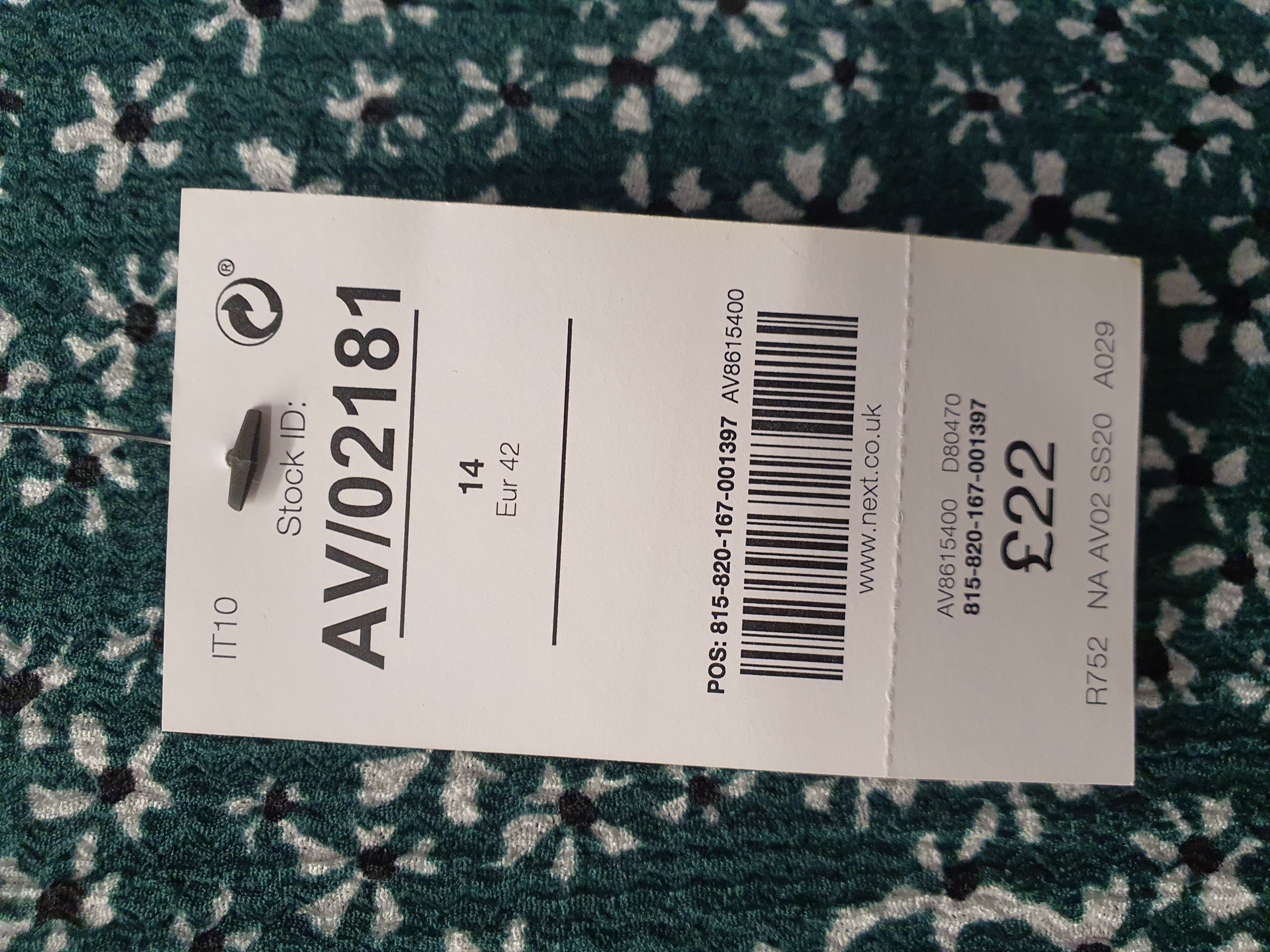 NEXT Green and White Flower L/Sleeve Top Size UK 14 - NEW