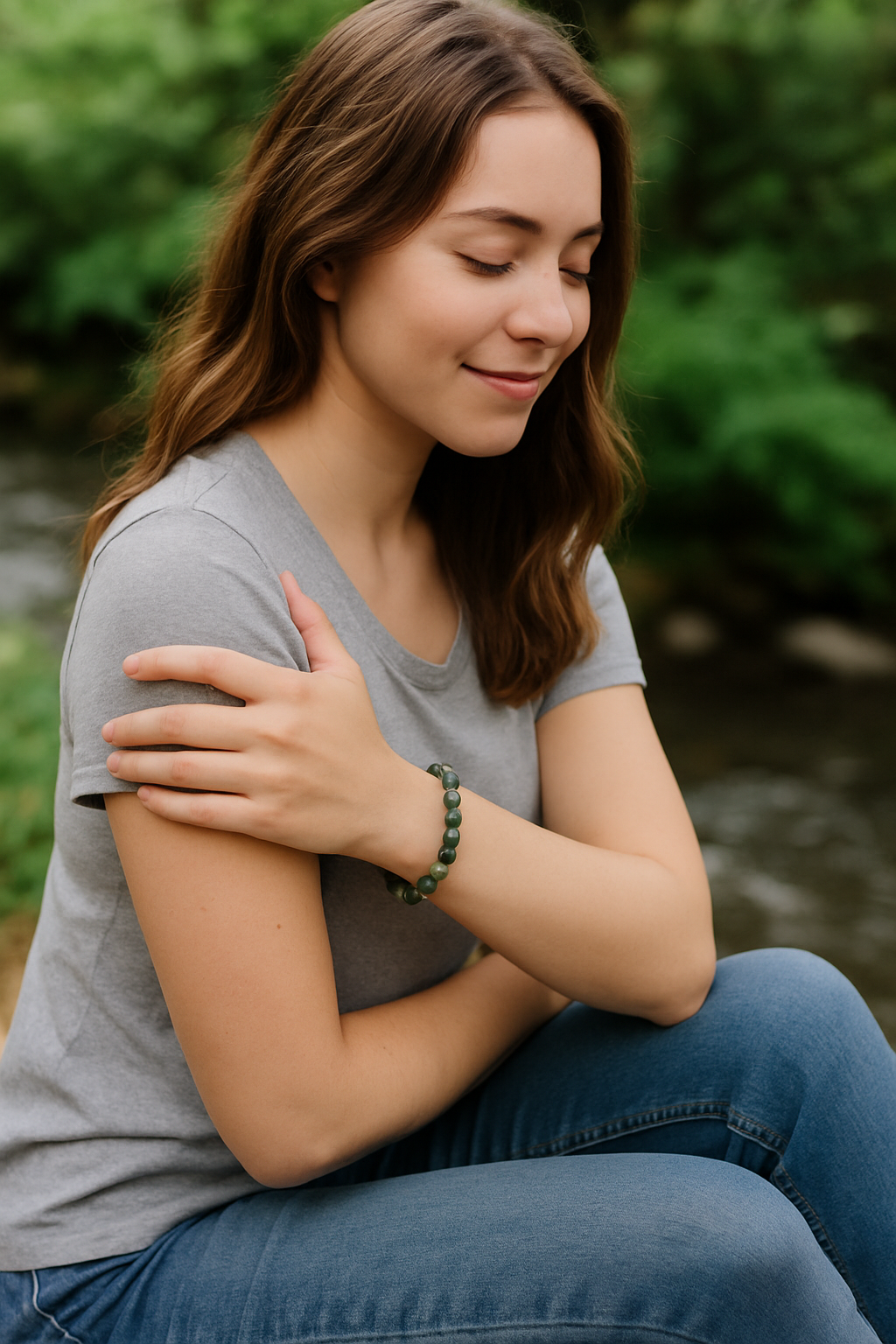 Moss Agate Well-Being Frequency Imprinted Beaded Bracelet