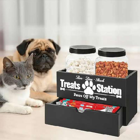 Pet treat station with draw