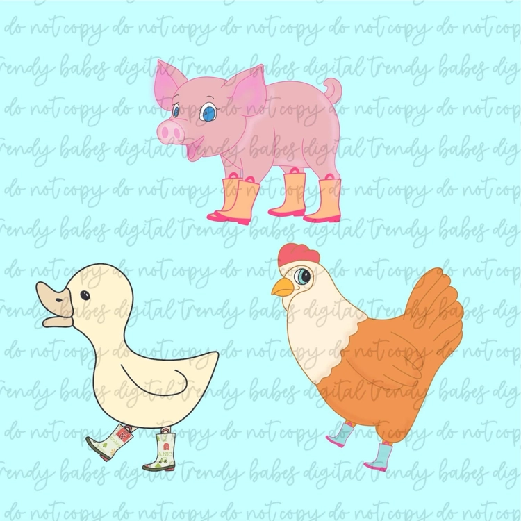 Farm animals in rain boots c..