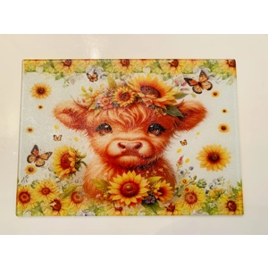 Highland Cow Sunflower Glass chopping Board Highland Cow Sunflower Glass chopping Board