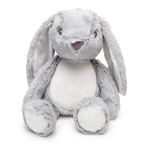 Customised grey plush bunny with personalised spaces available on the ears or feet