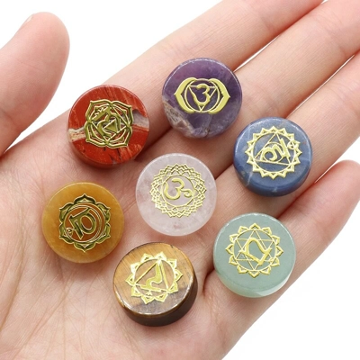 7pcs round shaped 7 Chakra natural stones engraved symbols.. 7pcs round shaped 7 Chakra natural stones engraved symbols..