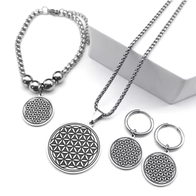 Flower of Life Jewelry Set — Stainless Steel Necklace, Bra..