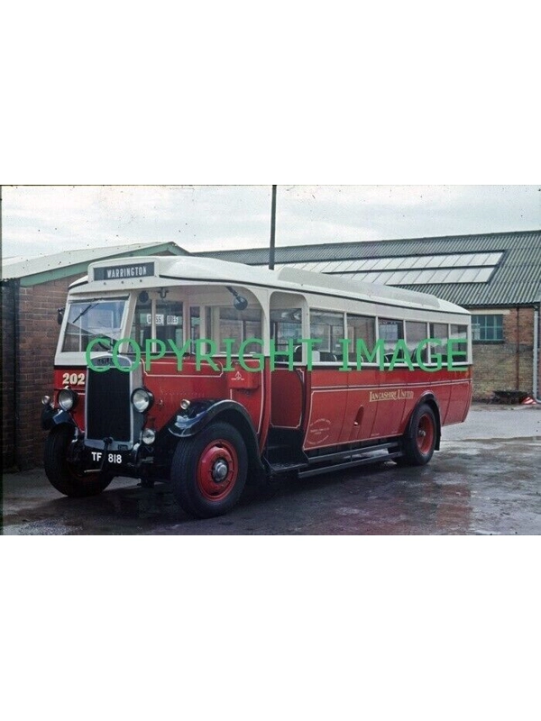 35mm slide Lancashire United Leyland Lion LT1 / Roe TF818 ~ 202 @ Roe Factory