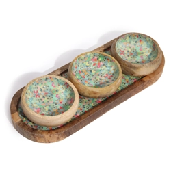 Mango Wood Tray with 3 Bowls - Mediterranean Tiles Pattern