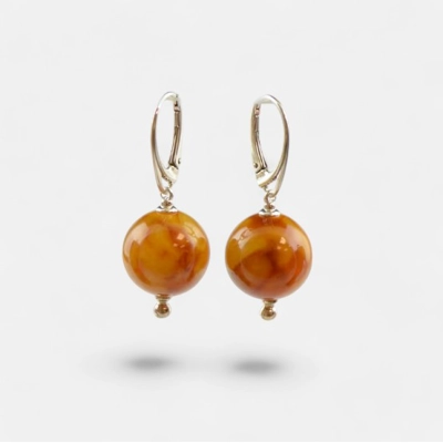 Pressed amber earrings 15mm beads with Silver Pressed amber earrings 15mm beads with Silver