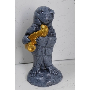 Frog Saxophone Player Aged Effect with Brass Coloured Sax Detail Cast Stone Garden Ornament