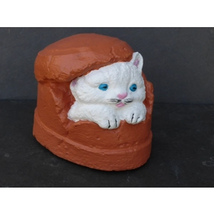 Cute White Kitten Hiding in Terracotta Plant Pot Cast Stone Cat Garden Ornament