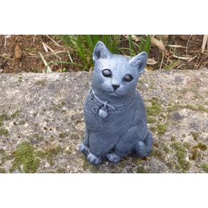 Cute Cast Stone Sitting Cat Blue Collar Garden Ornament Hand Crafted 17cm tall