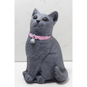 Cute Cast Stone Sitting Cat Pink Collar Garden Ornament Hand Crafted 17cm tall