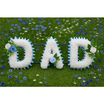 Artificial Funeral Tribute – DAD Letters with Light Blue Ribbon