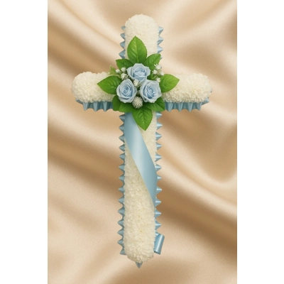 Blue Rose Cross Tribute – Artificial Funeral Arrangement