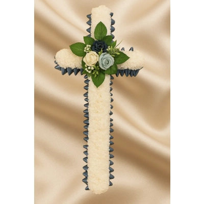 Mixed Blue Rose Cross Tribute – Artificial Funeral Flower Arrangement