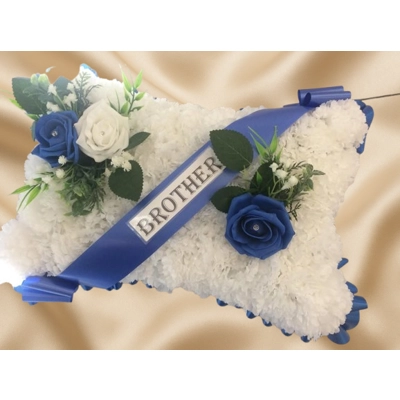 Artificial Blue & White Pillow Tribute – Elegant Funeral Arrangement with Roses and Ribbon