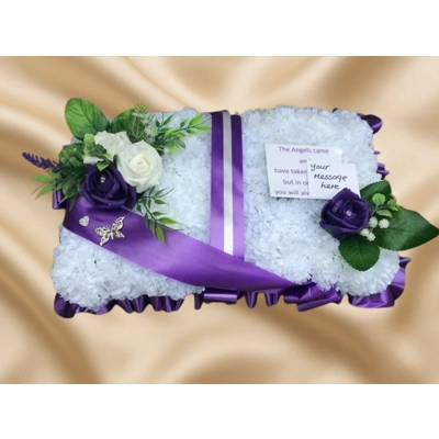 Artificial Funeral Book Tribute with Purple Ribbon and Roses