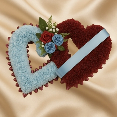 Artificial Double Heart Funeral Tribute – Burgundy & Blue with Roses and Satin Ribbon