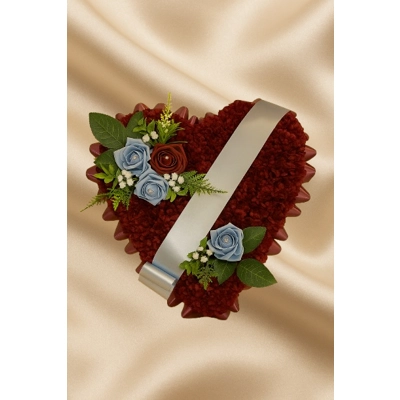 Artificial Burgundy & Blue Heart Funeral Tribute – Rose Spray with Satin Ribbon