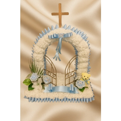 Child’s Gates of Heaven Tribute with Blue Accents and Teddy Bear