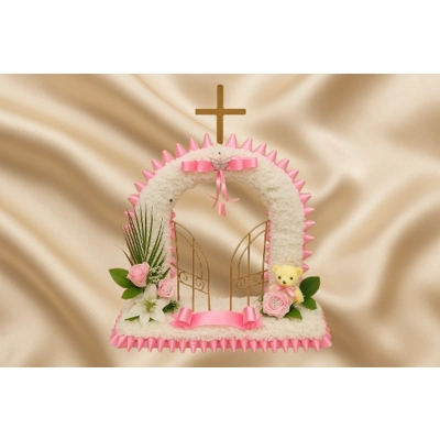 Child’s Pink Gates of Heaven Funeral Tribute with Teddy and Soft Roses