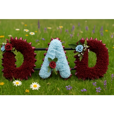 DAD Funeral Flower Tribute – Artificial Letter Arrangement in burgundy and blue