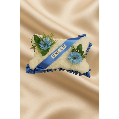 Elegant Artificial Pillow Tribute – “UNCLE” in Blue and White with Gerberas