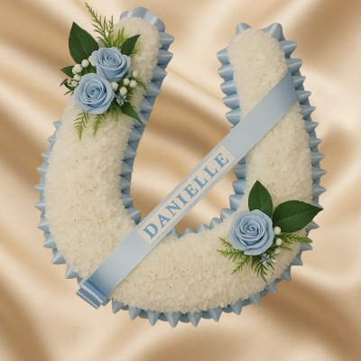 Blue Rose Horseshoe Artificial Funeral Tribute – Personalised Memorial Arrangement
