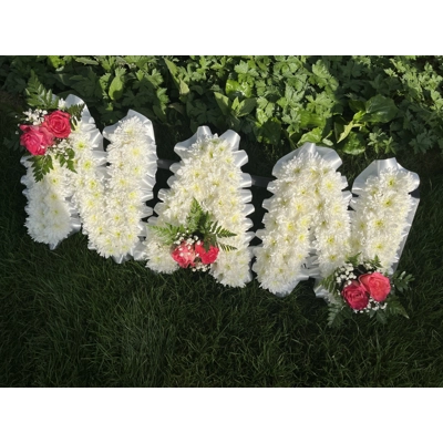 Pretty Pink Nan Mum Sis three letters funeral flowers on stand