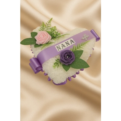 Mini Purple Heart Funeral Tribute for Nana – Artificial Flowers with Ribbon