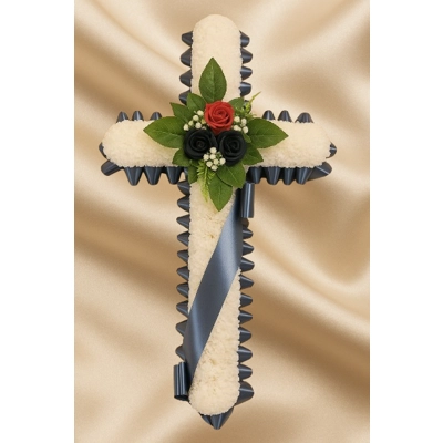 Navy & Red Rose Cross Tribute – Artificial Funeral Arrangement