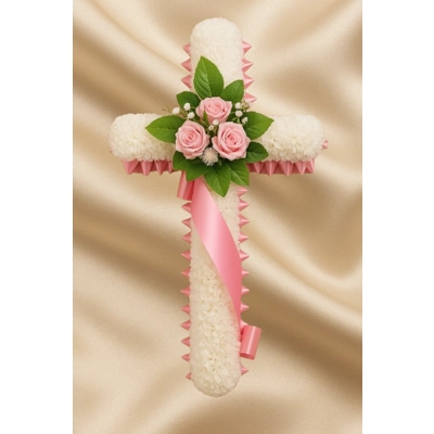 Candy Pink Rose Cross Tribute – Artificial Funeral Arrangement