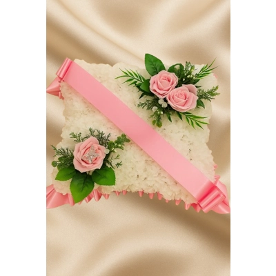 "Pink Cushion Funeral Tribute – Artificial Floral Pillow with Roses and Ribbon"