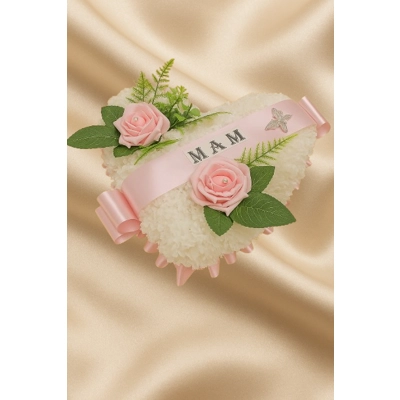 small 9" Mini Pink Heart Funeral Tribute – MAM with Roses, Ribbon & Butterfly