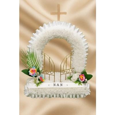 Gates of Heaven Funeral Tribute with Rainbow Roses