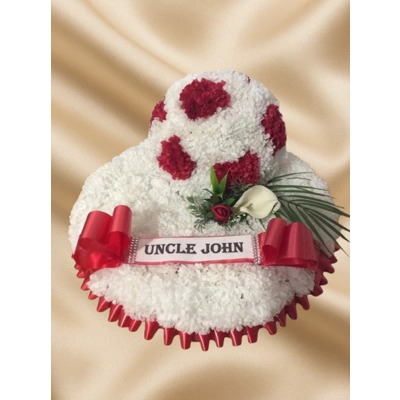 Red and White Football Funeral Tribute – Artificial Flower Memorial Arrangement