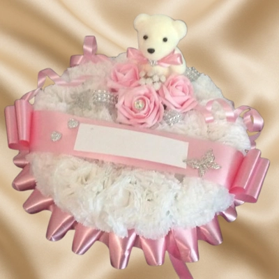 Pink funeral teddy bear posy tribute