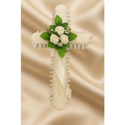 White Cross Funeral Tribute – Elegant Artificial Sympathy Arrangement