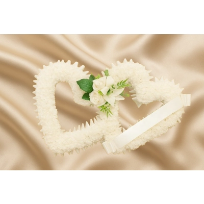 Artificial Double Heart Funeral Tribute – White with Custom Ribbon