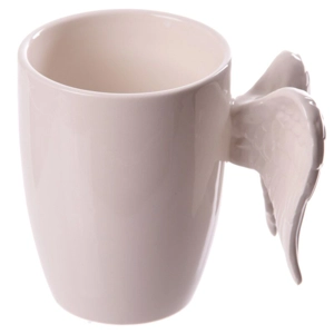 Shaped Handle Ceramic Mug 380ml – White Angel Wings Design