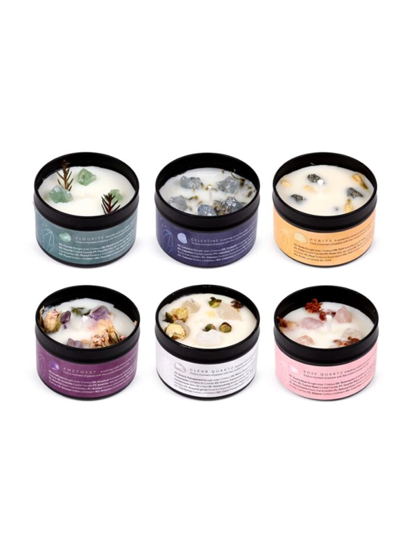 Wax Candle Tin - Crystal Gemstone & Dried Flowers