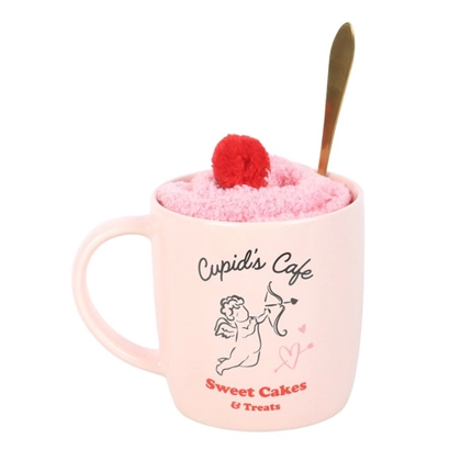 Cupid’s Café Mug, Spoon and Socks Gift Set – 350ml Valentine’s Mug