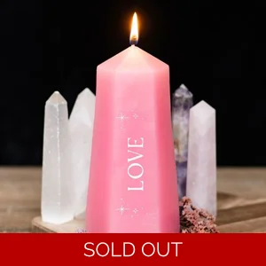 Love Crystal Candle with Hidden Rose Quartz, Pink Tower Design