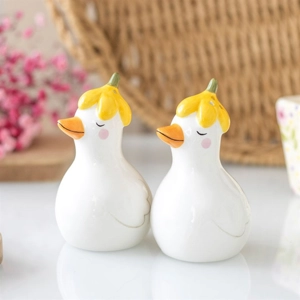 Daisy & Duck Ceramic Salt and Pepper Shakers with Floral Hats