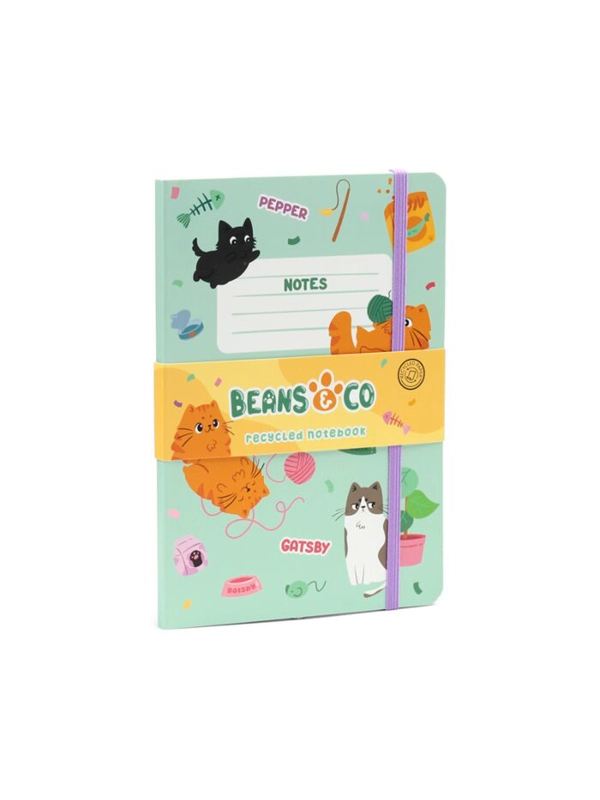Recycled Paper A5 Lined Notebook with Elastic - Beans & Co Cats