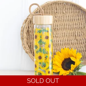 Sunflower Print Glass Water Bottle 600ml with Bamboo Lid