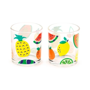 Glass Tumbler Set of 2 – Summer Fruits Design, 250ml Everyday Drinking Glasses