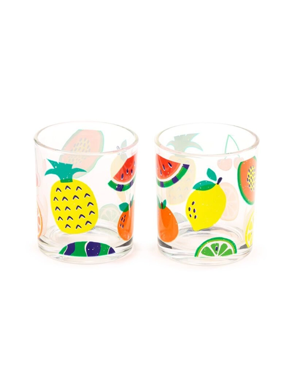 Glass Tumbler Set of 2 – Summer Fruits Design, 250ml Everyday Drinking Glasses
