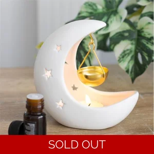 White Crescent Moon Ceramic Oil Burner with Gold Hanging Dish