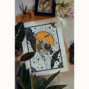 Linocut print ,,Girls with circles I